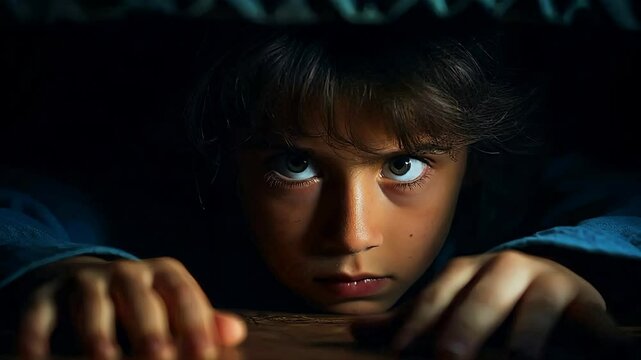 In dimly lit room, young boy hides beneath furniture, his intense gaze revealing an atmosphere filled with suspense and mystery as he waits quietly.