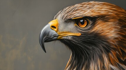 Fototapeta premium A high-definition close-up profile of a golden eagle, showcasing its detailed feathers, fierce beak, and piercing amber eyes against a neutral grey background that highlights its strength and grace._1