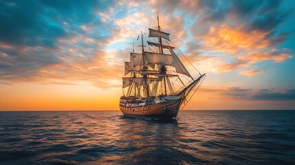 Fototapeta premium Sailing ship at sunset. Ocean adventure, travel, and exploration concept.