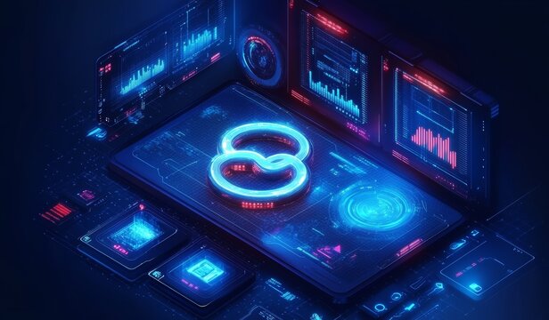 Futuristic Infinity Symbol with Holographic Interfaces and Neon Lights