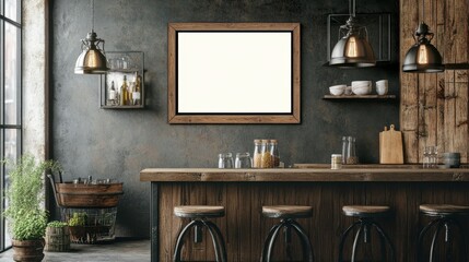Modern Rustic Kitchen with Wooden Bar and Empty Frame