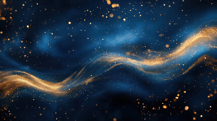 Golden shimmering particles forming flowing waves against a deep blue background, creating an elegant and luxurious abstract design. Copy space