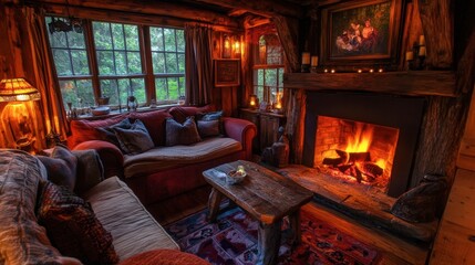 Cozy Cabin Living Room with Fireplace and Warm Lighting