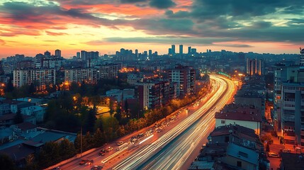 Obraz premium Cityscape Sunset Highway Traffic Lights
