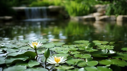 Water Lilies Pond Waterfall Serenity