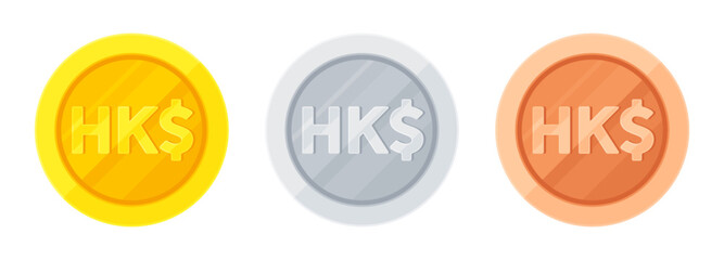 Set of gold, silver and copper coins with Hong Kong dollar sign (HK$). Economy, finance, investment, profit, money, HKD currency concept. Flat vector illustration isolated on white background	
