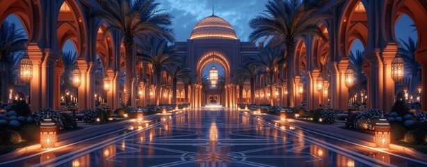 Obraz premium Luxurious Arabian Resort Hotel with Nighttime Corridor and Lanterns, Exotic Palace Architecture in Saudi Arabia