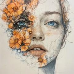 Floral Portrait with Blue Eyes and Intricate Details