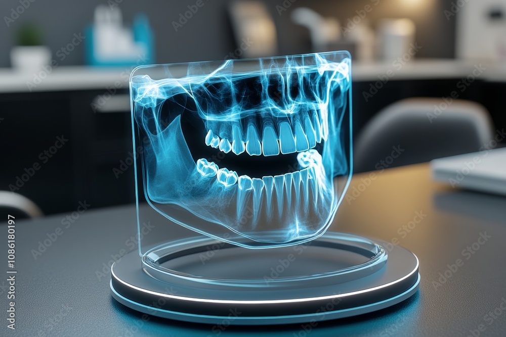 Poster high-tech 3d holographic x-ray of teeth and jaw, displayed in a futuristic clinic setting