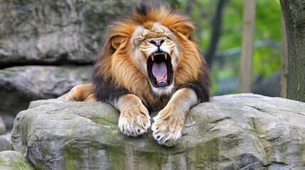 Obraz premium Majestic Lion Yawning on Rock Formation in Nature