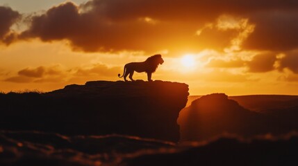 Naklejka premium Majestic Lion Silhouette at Sunset Over Horizon