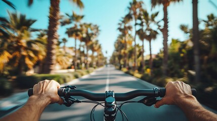 First-person view cycling along palm tree lined road.