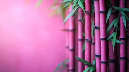 Pink bamboo stalks with green leaves against a soft pink background.