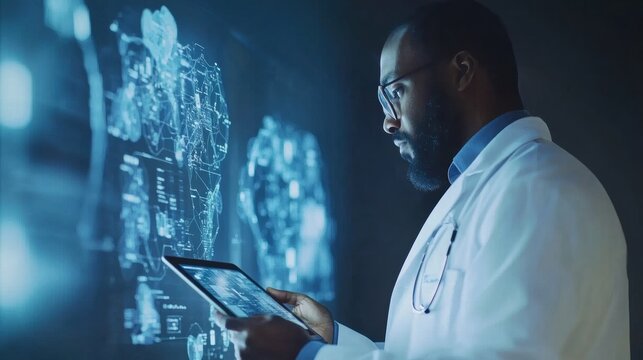 A doctor in a white coat is focused on reviewing health data displayed on a tablet in a high-tech medical environment. Generative AI