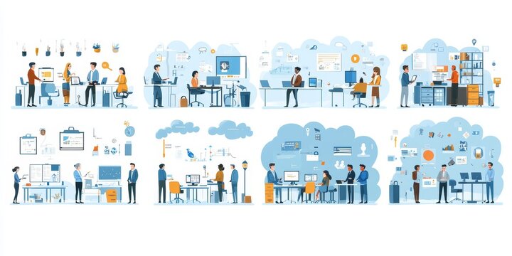 Cartoon Style Business Office Illustrations for Work Related Scenarios Team Meetings Online Conferences Brainstorming Presentations Task Management
