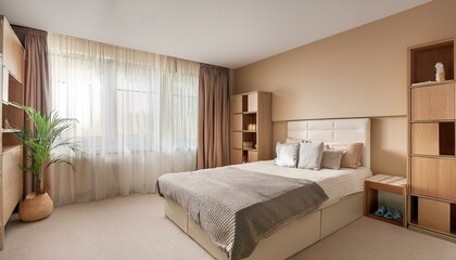 Fototapeta premium Beige bedroom corner with wardrobe