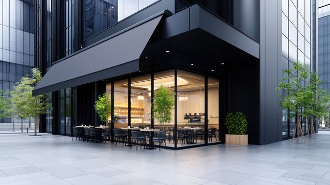 Modern caf? with outdoor seating in a sleek urban environment.