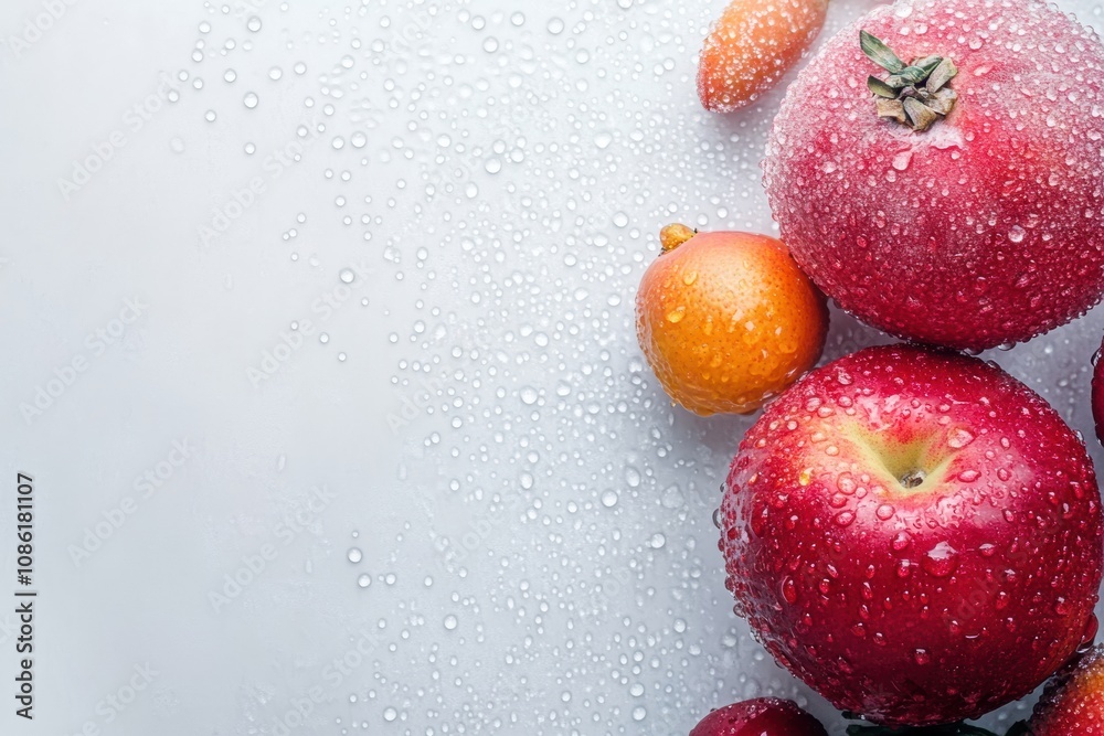 Leinwandbilder a collection of shiny red apples and small orange fruits with water droplets on a light background, 