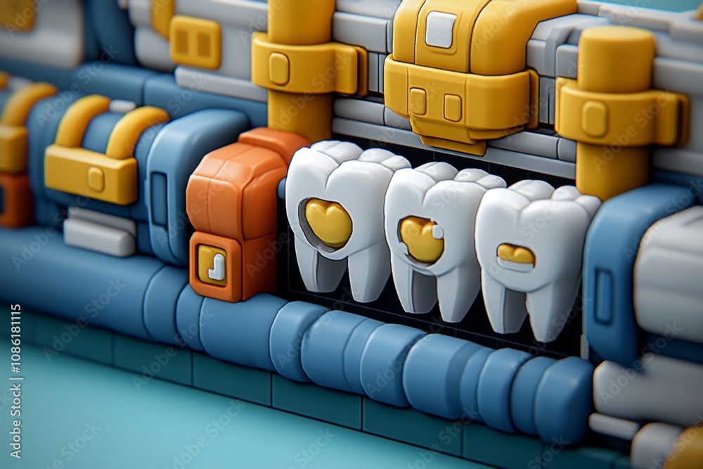 Poster pixel art of a dental x-ray showing a simplified set of teeth in retro 8-bit style