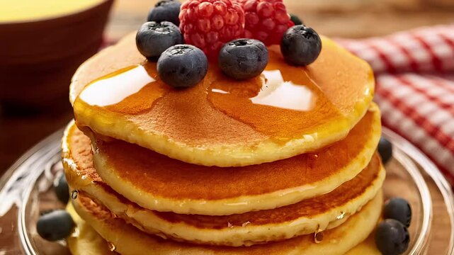 Delicious pancakes stacked on plate with berries and honey drizzled on top