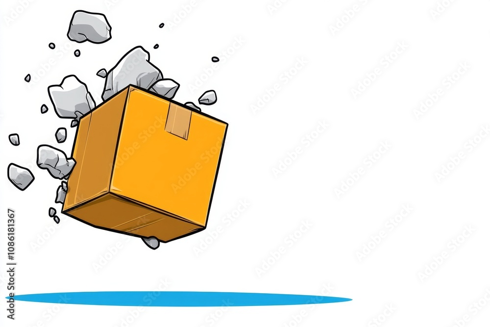 Poster simple 2d drawing of a workplace accident with a falling box, set on a clean white background