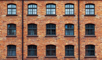 Old brick wall showing multiple windows on building facade, architectural detail background