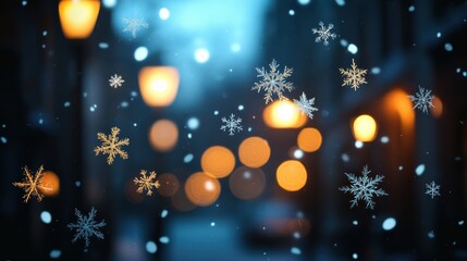On a blurred background, snowflakes are decorated with street lights at night