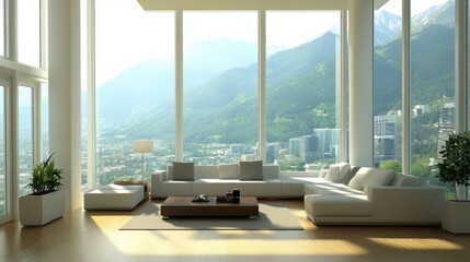 Fototapeta premium Modern Living Room With Scenic Mountain View