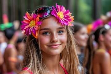 Teenagers at a festival with vibrant decorations, happy expressions, and a carefree vibe