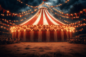 huge circus tent at night with lights with audience