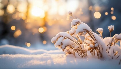 winter scene with dried plants covered in snow glowing bokeh lights in background evoking tranquility and warmth in cold season