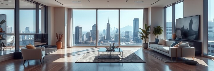 A modern living room with floor-to-ceiling windows overlooking a cityscape, spacious, urban