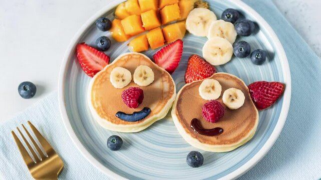 Funny shaped pancakes decorated with fruits for a healthy breakfast