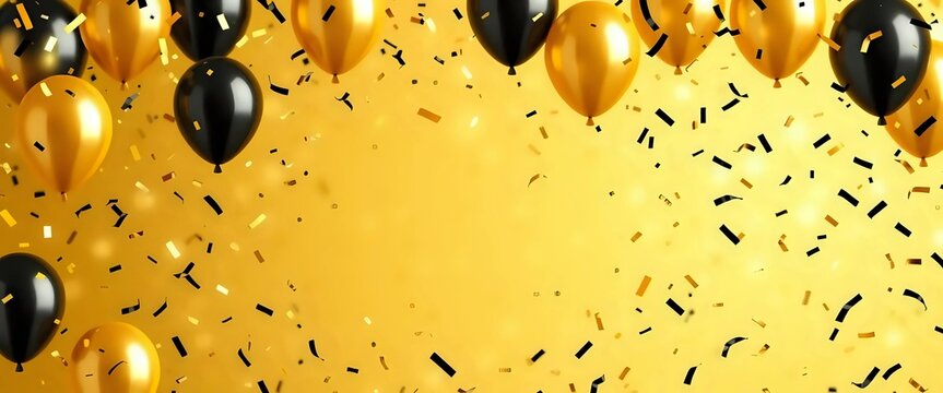 Gold and black balloons confetti isolated on yellow background for events and celebration concept. 