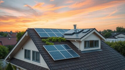 Fototapeta premium A modern solar house with rooftop solar panels, showcasing sustainable living and energy efficiency, technology, climate change