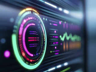 Smart environmental control system with neon accents, dynamically adjusting exposure limits based on personal wellness data in advanced city landscapes.