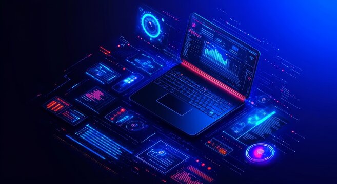 Futuristic Workspace with Data Visualization and Technology Elements