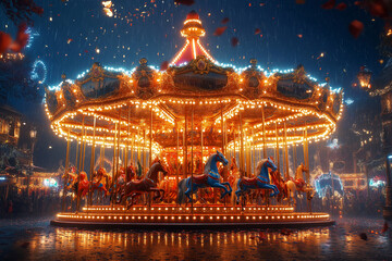 large round carousel in the circus in the park at night with lights