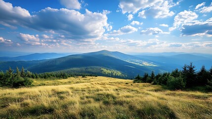 Fototapeta premium Mountain landscape with golden meadow and blue sky