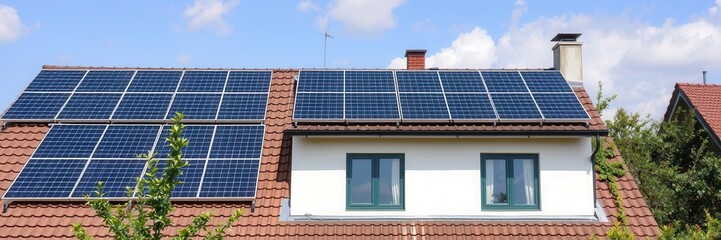 Fototapeta premium A modern solar-powered house with green energy technology, residential, renewable