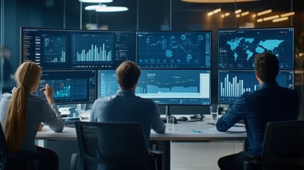 Team Analyzing Data on Multiple Screens in Office