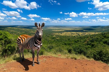 Obraz premium Zebra standing alone on a hilltop, overlooking the plains, with a majestic pose and calm presence
