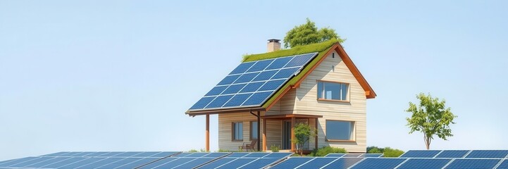 A modern solar-powered residential house surrounded by lush greenery and eco-friendly landscaping, eco-friendly, design