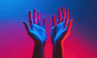 Reaching for the Unknown: Two hands illuminated in vibrant neon blue and red, reaching upwards against a gradient background. A captivating image that evokes a sense of mystery and possibility