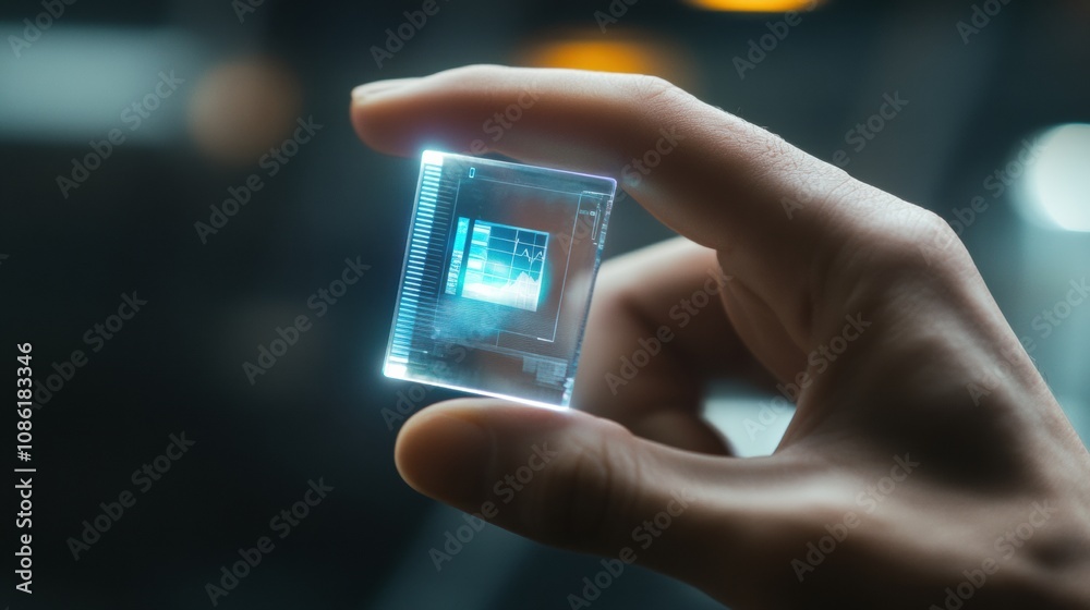 Poster A hand is showcasing a micro biochip that features a glowing holographic screen displaying various health metrics in a technology-focused environment. Generative AI