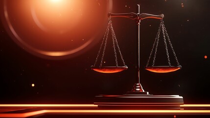 Scales of justice, digital. A stylized image of a balanced scale, symbolizing justice and law, illuminated by a warm glow against a dark background.