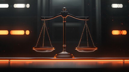 Scales of justice, digital. A modern, digital representation of a balanced scale symbolizing justice, set against a sleek, futuristic background with glowing elements.