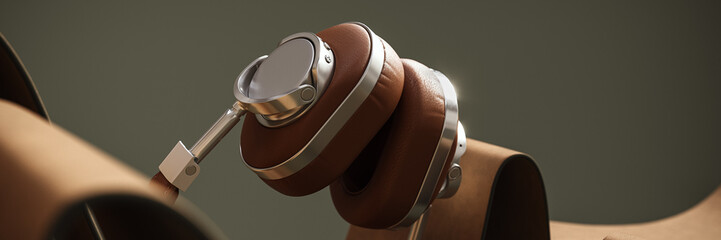 Brown leather headphones banner on green background. 3D Rendering, 3D Illustration	