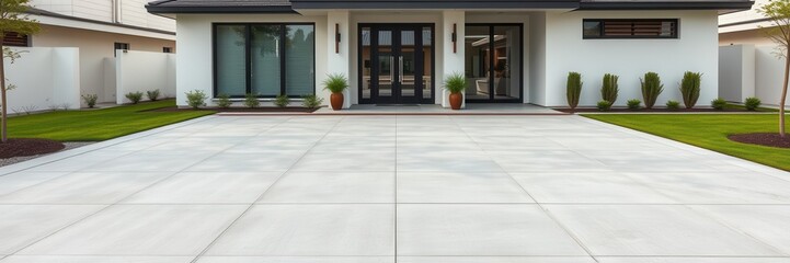 A spacious concrete yard with a modern house in the background, architecture, house