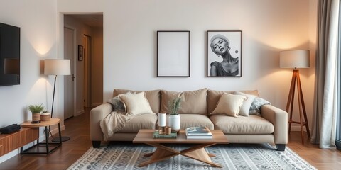 A stylish living room with a cozy sofa, coffee table, and vibrant artwork on the walls, stylish, relaxation